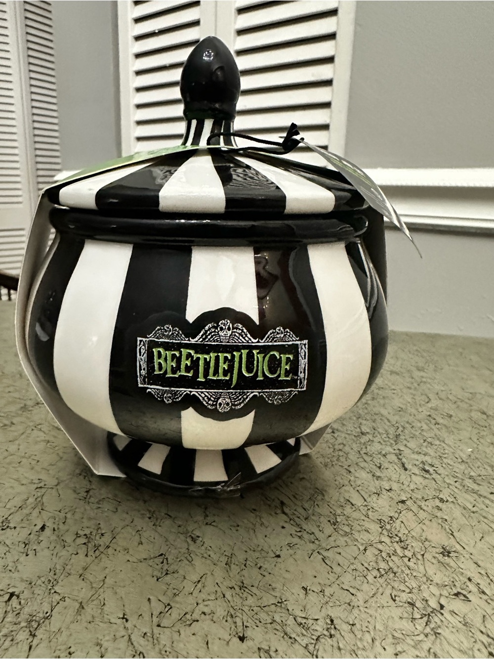 Beetlejuice Black & White Striped Ceramic Candy  Jar